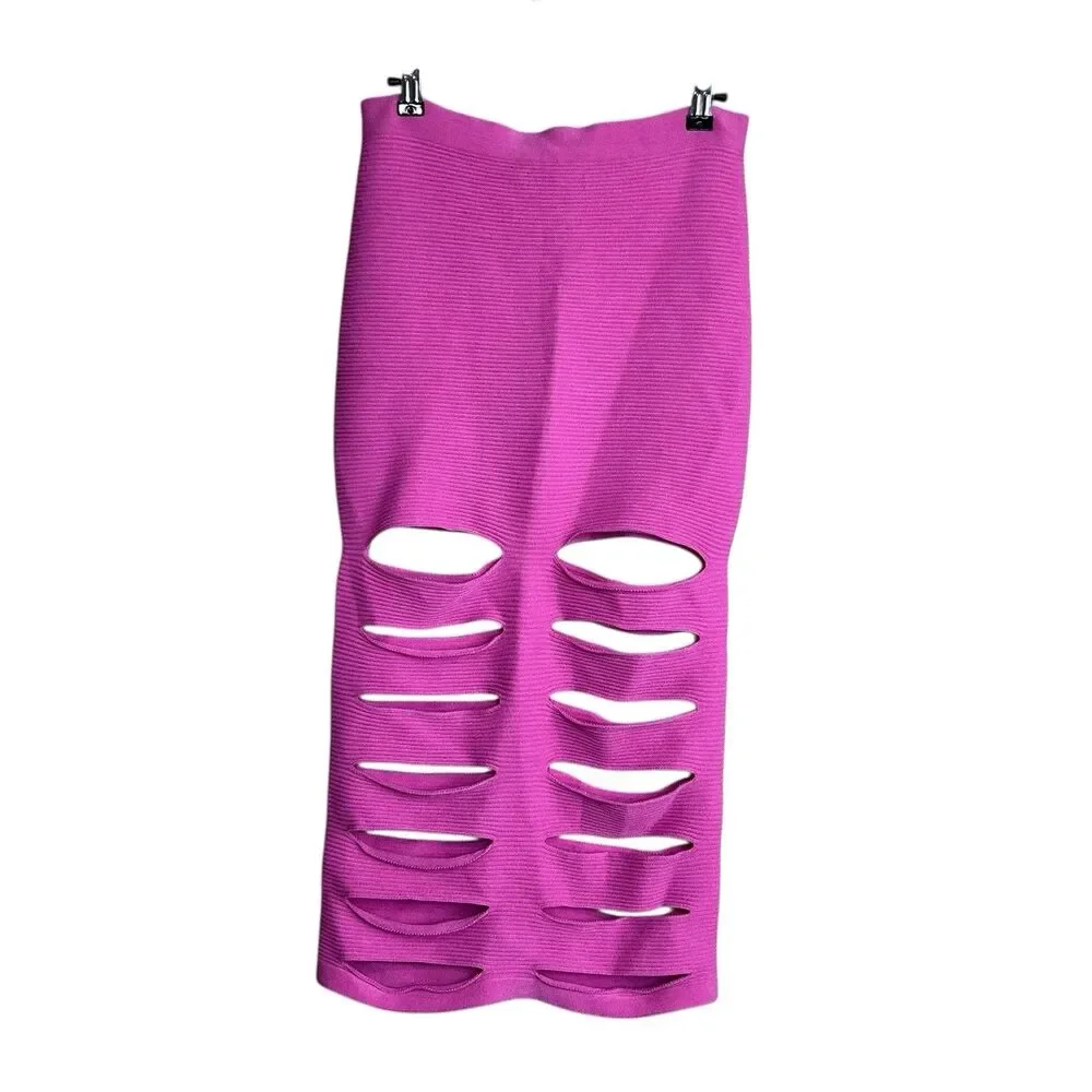 Cushnie et Ochs Pink Ribbed Knit Slash Slit Skirt Size Medium Womens Midi Pullon - Picture 4 of 7